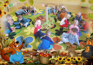 Dzieci siedzą na dywanie, układają puzzle.
